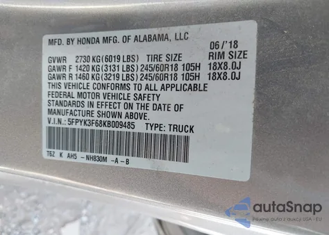 2019 Honda Ridgeline Rtl-T from USA, damaged, VIN 5FPYK3F68KB009485